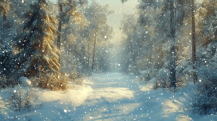 Beautiful winter landscape on a cold day. A trodden path leads across the snow-covered lawn to the high mountain peaks, with trees surrounded by snowdrifts