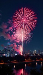 New Year's Eve fireworks exploding over city skyline at night, celebration, nighttime, cityscape
