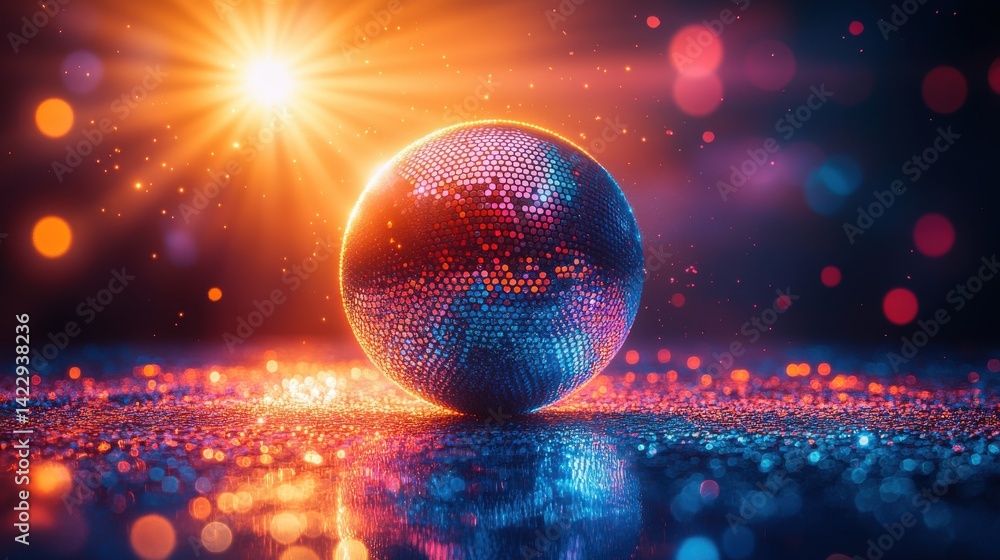 Poster spinning disco ball creating a kaleidoscope of lights and patterns - stock photo