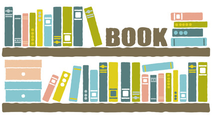 たくさんの本が並んだ本棚｜BOOKの文字とボックス