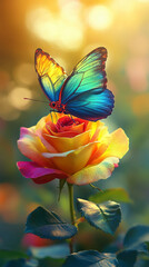 Obraz premium Vivid multicolored rose with green yellow and red petals glows in soft focus against a warm gradient backdrop symbolizing diversity unity transformation and the beauty of unconventional growth