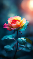 Fototapeta premium Vivid multicolored rose with green yellow and red petals glows in soft focus against a warm gradient backdrop symbolizing diversity unity transformation and the beauty of unconventional growth