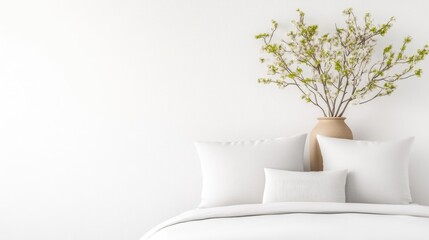White Bed Linen Spring Branch Vase Minimalist Style Bright Soft Lighting Horizontal View Simple Texture Peaceful Scene White Wall Background Pure White Tones Home Decor Catalog