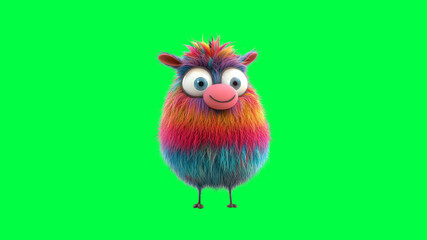 Fototapeta premium Colorful fluffy cartoon creature on green screen background