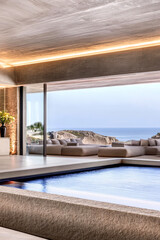 Obraz premium Luxurious modern villa with ocean view and infinity pool at sunset in coastal location
