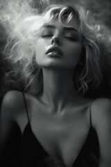 Fototapeta premium Woman with long blonde hair is shown in a black dress with a black tank top. She is looking at the camera with a serene expression. The image is in black and white and has a moody