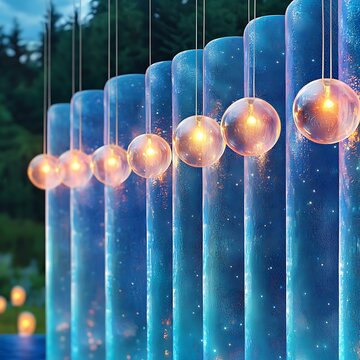 Ethereal Plinko Light Installation with Hanging Spheres and Luminescent Glow