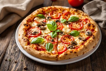 Fresh vegetarian pizza topped with tomato slices, mushrooms, mozzarella, and green basil leaves on a rustic wooden background. Concept of Italian food. Ai generative