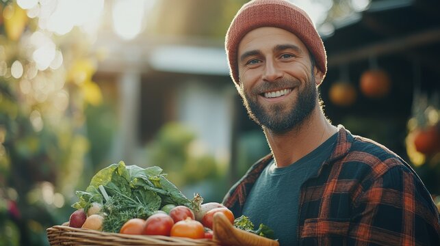 Smiling man holds basket filled with fresh garden vegetables