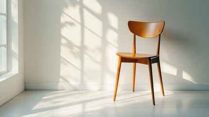 A close-up of a wooden chair on a white floor, with clean studio lighting to emphasize the texture