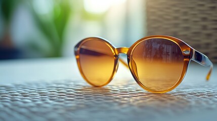 A macro shot of a set of sunglasses on a white table, captured under clean lighting