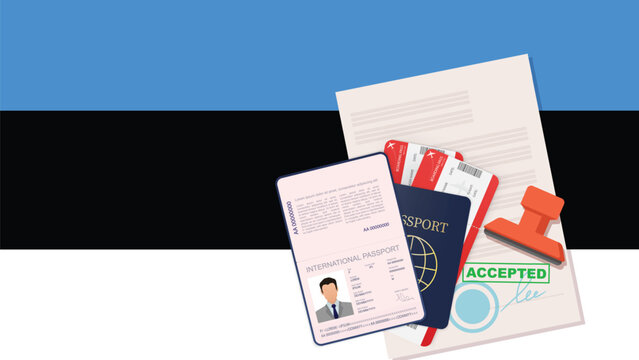 Estonia visa, open stamped passport with visa approved document for border crossing. Immigration visa concept. Background with Estonia flag. vector illustration