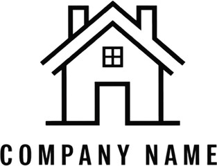 Fototapeta premium Simple, minimalist house logo design on a black background. Clean line art of a house silhouette against a completely black background