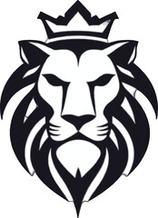 Fototapeta premium Powerful lion logo with crown on black background. This minimalist black and white graphic features a stylized lion's head wearing a crown set against a solid black backdrop