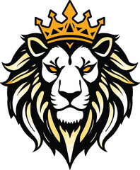Fototapeta premium Powerful Lion King Logo with Crown on Black Background. This bold graphic design showcases a lion's head wearing a golden crown set against a stark black background