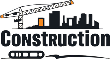 Urban Construction with the word "CONSTRUCTION" Silhouette with Crane Ready for Use. This simple yet impactful graphic features a stylized silhouette of a construction crane and city skyline