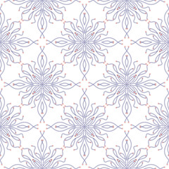 Fototapeta premium Seamless delicate mandala pattern with gradient purple floral elements and small pink dots on a white background. Elegant and intricate design.