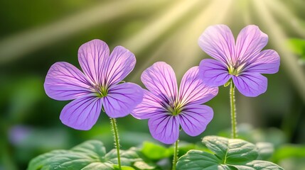 Fototapeta premium Three purple flowers stand in a garden with sunlight streaming through trees, for decoration use
