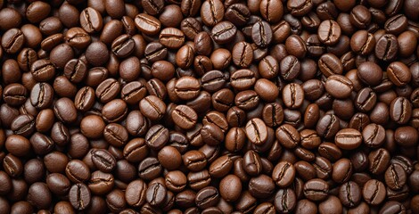 Fototapeta premium Roasted coffee beans closely packed together, realistic photographic style, natural food background, concept of caffeine, aroma, and energy. Ai generative