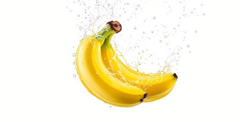 Bright yellow bananas with dynamic water splash effect, creative food style, isolated on clean white background, concept of freshness and tropical taste. Ai generative