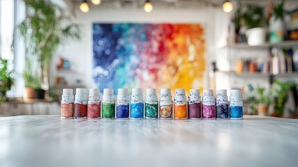 Fototapeta premium A front-facing view of a set of watercolor paints on a white table, with clean, bright lighting