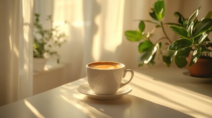 A close-up of a freshly brewed cup of coffee on a white surface, illuminated with soft natural light