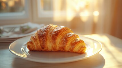 A close-up of a freshly baked croissant on a white plate, illuminated with soft, diffused lighting