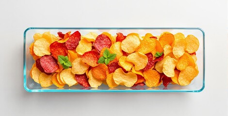Colorful potato and beet chips in a rectangular glass tray, garnished with mint leaves, on a clean light background, concept of healthy snack. Ai generative