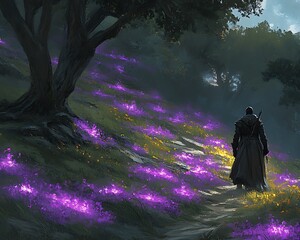 Solitary figure, mystical meadow, forest path