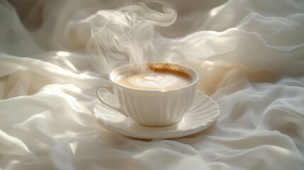 A close-up of a steaming cup of cappuccino on a white saucer, illuminated by soft, diffused light
