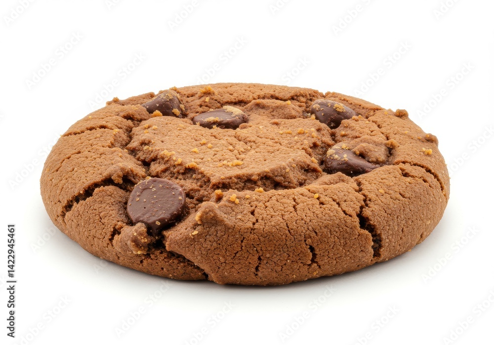 Poster a single chocolate chip cookie with visible cracks and chips on a plain white background surface vie