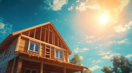 Wooden house frame under a vibrant blue sky symbolizes the beginning of a dream home project foundation growth optimism stability planning construction and the promise of new beginnings

