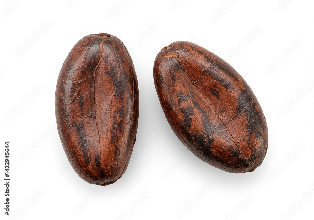 Poster two cocoa beans are displayed on a white surface showing their brown color and textured outer shell 