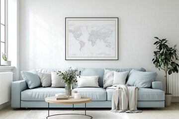 Bright living room interior with blue sofa, world map art, and plant