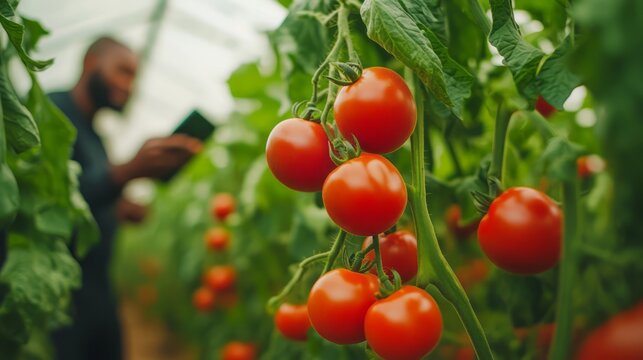 Person uses a tablet amidst ripe tomatoes in a greenhouse