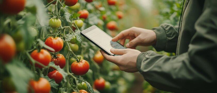 Farmer uses tablet in tomato greenhouse for harvest management