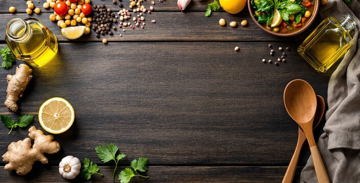 Top view of healthy food ingredients including herbs, spices, legumes, ginger, lemon, and olive oil on a dark wooden background with copy space. Ai generative