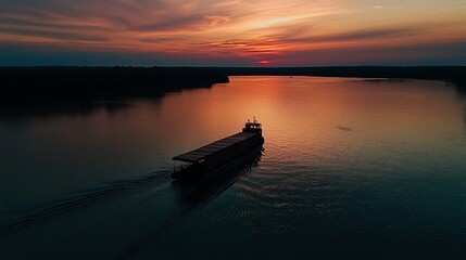 Naklejka premium Tranquil Sunset Cruise: A Barge Navigating Calm Waters Under a Vibrant Sky
