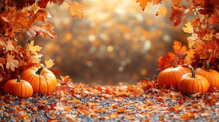 warm fall themed backdrop with orange pumpkins and leaves - stock photo