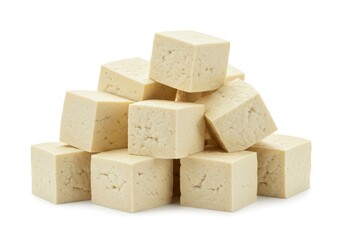 A pile of tofu cubes stacked on top of each other against a white background in a studio setting