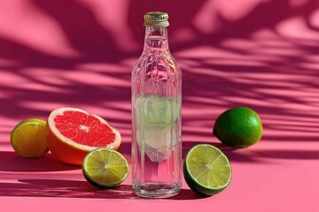 Bright glass bottle surrounded by fresh citrus fruits, showcasin