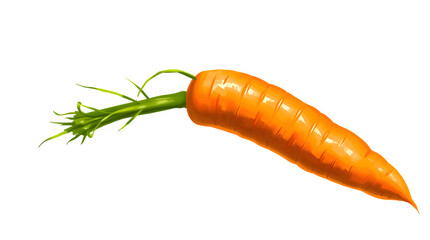 A vibrant, cartoon-like orange carrot, depicted with realistic textures and subtle water droplets, is set against a pure black backdrop.