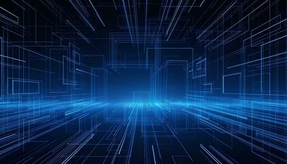 Abstract blue digital grid lines with perspective, creating a futuristic and technological background, with a sense of depth and complexity