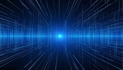 Abstract blue digital grid lines with perspective, creating a futuristic and technological background, with a sense of depth and complexity