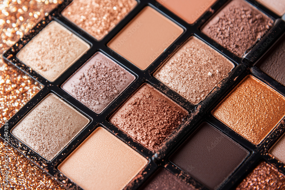 Poster close up of a makeup palette with many different shades of brown and tan. the palette is made up of 