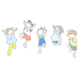 楽しそうにジャンプして喜ぶ子供たちのイラスト