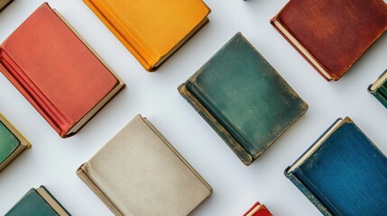 Fototapeta premium A top-down view of a set of colorful books on a white table, captured with soft lighting to create a cozy atmosphere