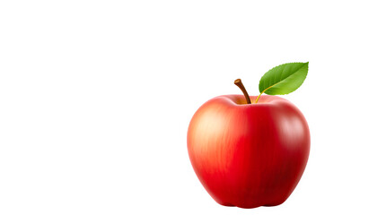 A vibrant, glossy red apple, complete with a small green leaf attached to its stem, is featured against a plain black background.