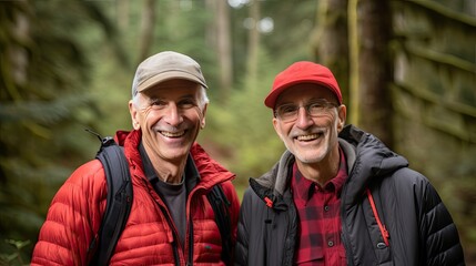 Fototapeta premium Despite the passage of time, these two adventurers embrace the thrill of hiking. With backpacks and beaming faces, they traverse trails, proving that age is merely a number when it comes to embracing