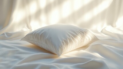 Fototapeta premium A close-up of a soft white pillow on a white surface, illuminated with soft lighting to create a serene atmosphere